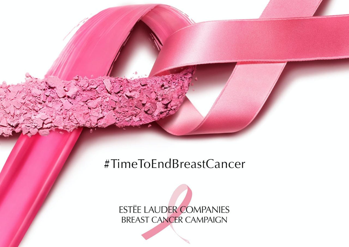 Az Estée Lauder Companies mellrák elleni kampányának képe: rózsaszín szalag, #TimeToEndBreastCancer